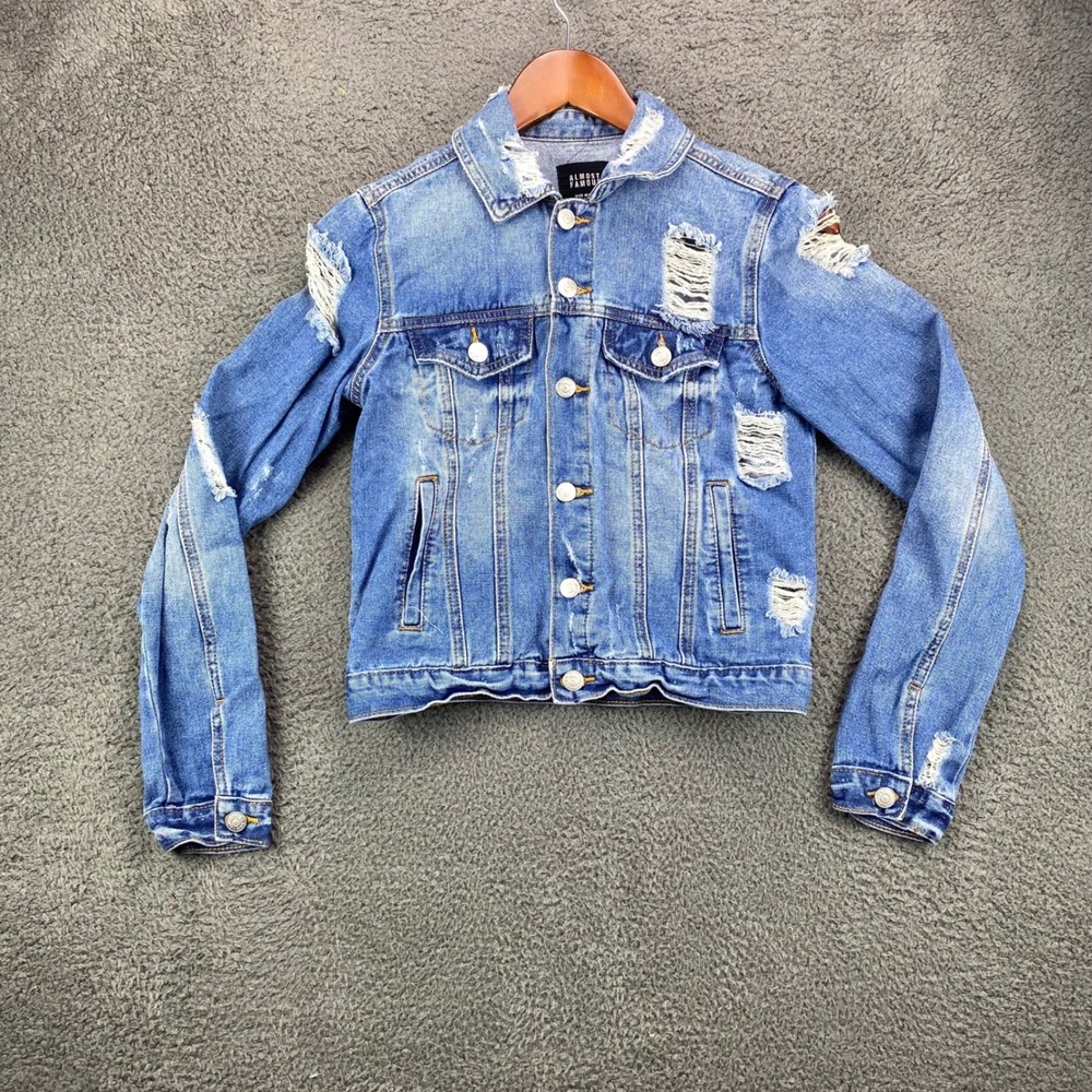 Almost Famous Womens Small Denim Jean Jacket Distressed Destroyed Blue